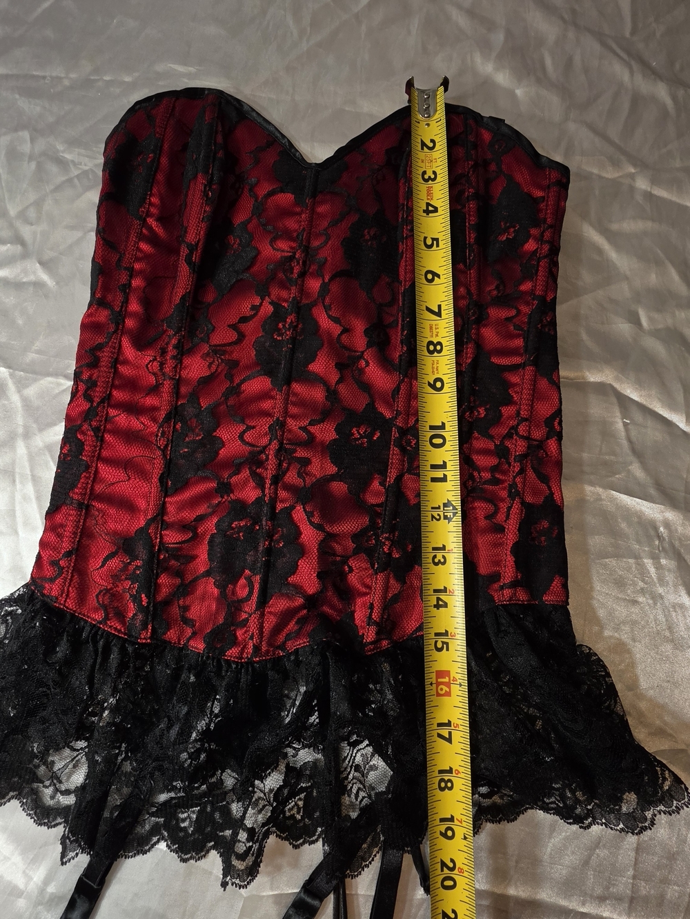 Red Satin Lace Corset Bustier with Black Lace Trim - Women Intimates - Picture 7 of 16